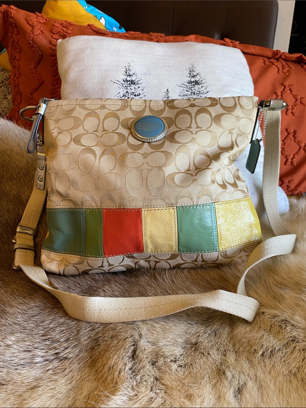 Coach Tan Signature Crossbody with colorful Panels and two-tone hangtag
